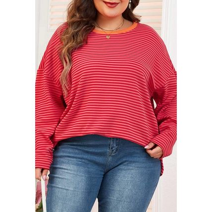Orange Stripe Plus Size Drop Shoulder Long Sleeve Buttoned Decor Top