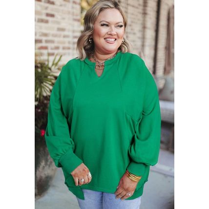 Bright Green Exposed Seam Notched Neck Drop Shoulder Plus Sweatshirt