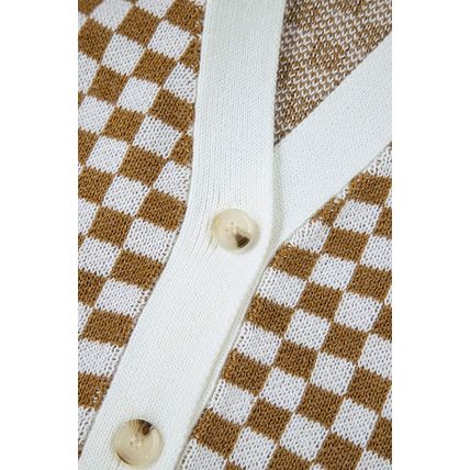 Brown Checkered Striped Patched Buttoned V Neck Cardigan