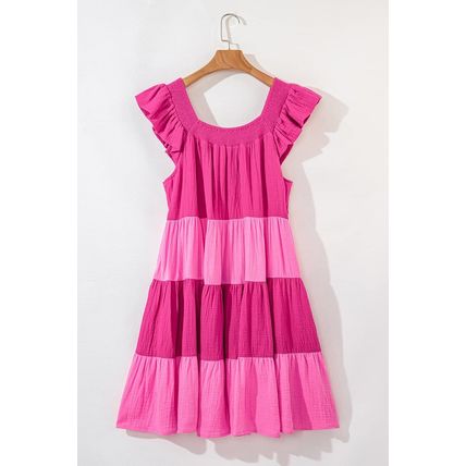 Pink Crinkled Colorblock Patchwork Flutter Tiered Mini Dress