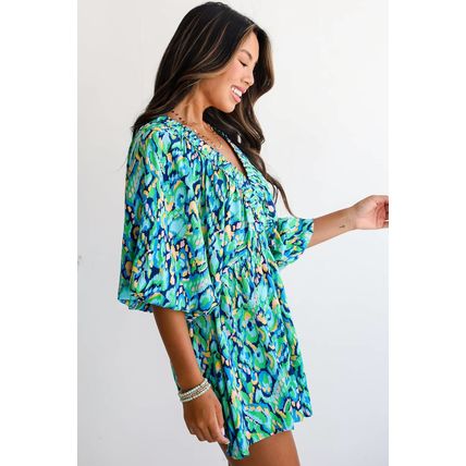 Green Abstract Print Puff Sleeve V Neck High Waist Romper