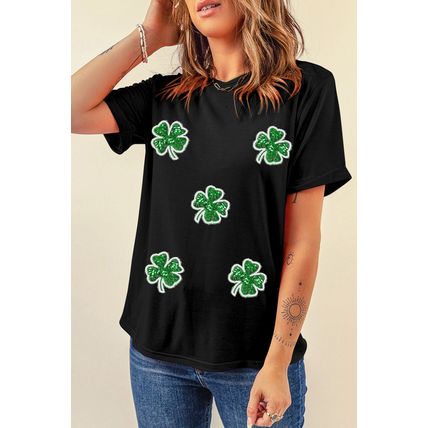 Black Four Leaf Clover Graphic St. Patricks Crewneck Tee