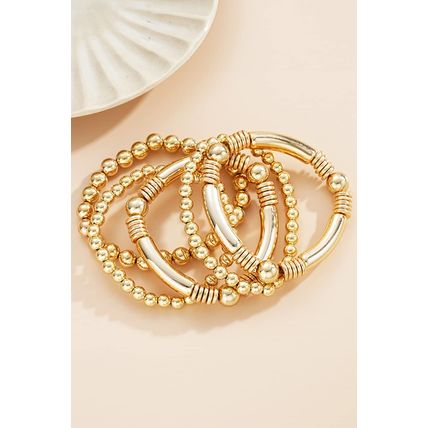 Gold Layered Plated Alloy Beaded Elastic Bracelet Set
