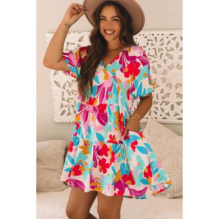 Rose Red Floral Bubble Sleeve V Neck Tiered Ruffle Babydoll Dress