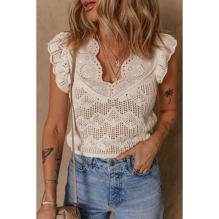 Beige Embroidered Patchwork Hollow Out Knitted Ruffle Sweater Vest