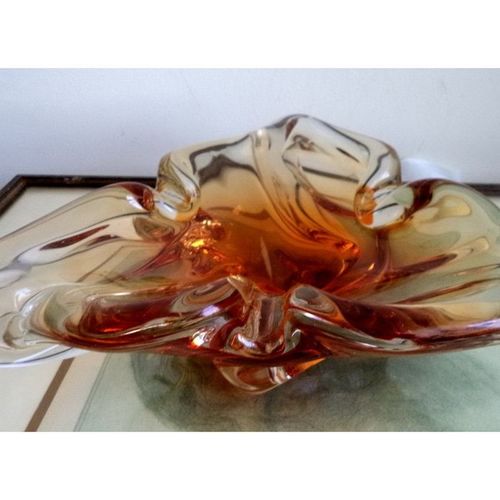 60s Vintage Chalet Amber Large signed Art Studio Glass Mid Century Bowl Tray