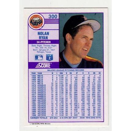 1989 Score Nolan Ryan baseball card #300- HOF - Astros