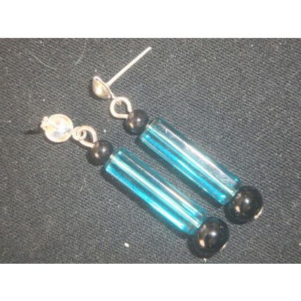 Delightful light blue crystal glass column with black agate stud earrings
