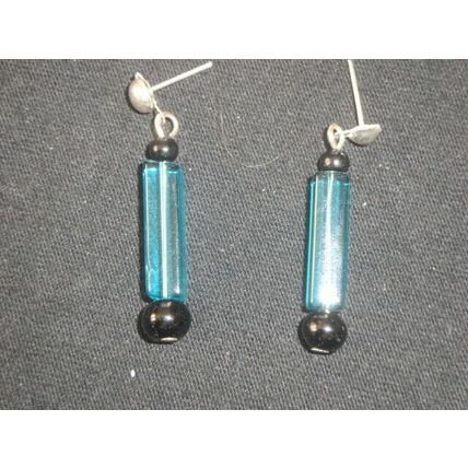 Delightful light blue crystal glass column with black agate stud earrings