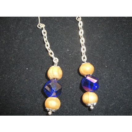 Delightful natural wood & dark blue crystal glass helix long drop swing earrings