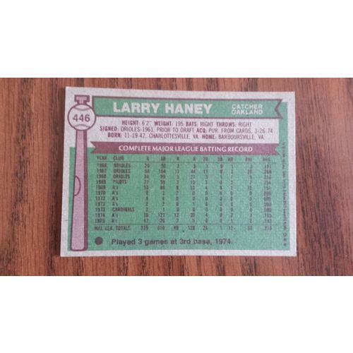 1976 Topps Card # 446 Larry Haney Very Good-Excellent (4) Oakland Athletics