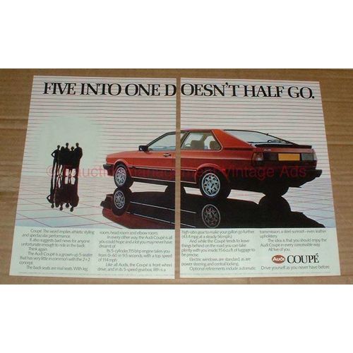 1982 2pg Audi Coupe Car Ad - Five Into One Doesn't Go!
