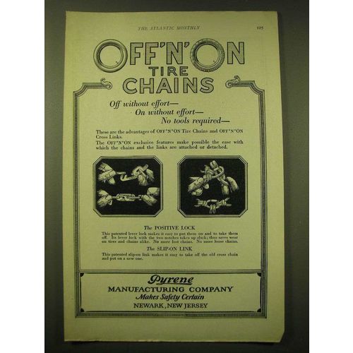 1924 Pyrene Manufacturing Off'n'on Tire Chains Ad - Off without effort