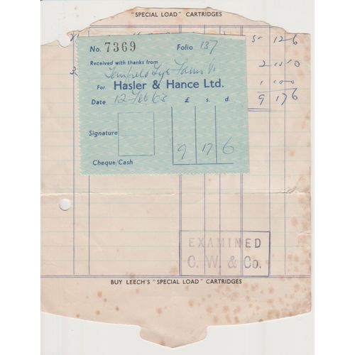 Receipt 1963 Hasler & Hance Special Load Cartridges Chelmsford & cover see rest