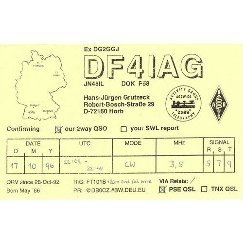 German Amateur Radio QSL Card DF4IAG Horb Germany Grutzeck 1996