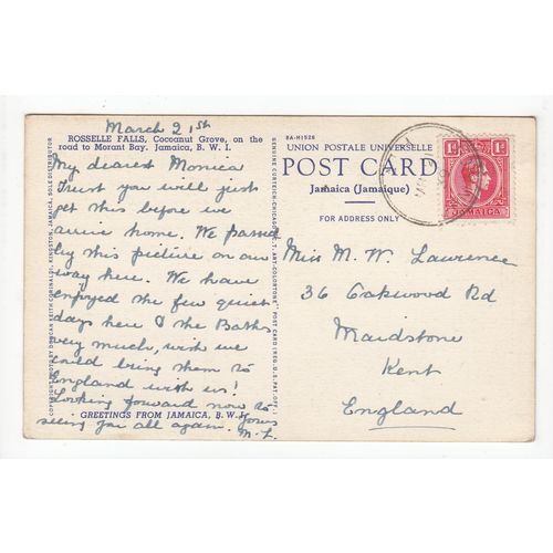Rosselle Falls Waterfall Jamaica 1939 Postcard
