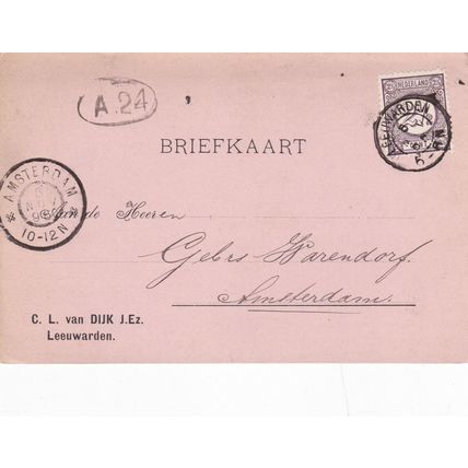 Netherlands 1895 C.L.Van Dijk Leeuwarden to Amsterdam 2.5c Postal card written