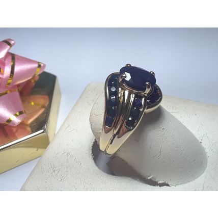 Estate 2.10cttw Natural Oval & Rd Blue Sapphire Channel 14Kt YG Swirl Ring#15653