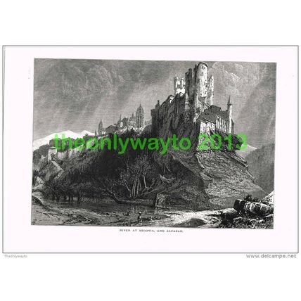 RIVER AT SEGOVIA, AND ALCAZAR, SPAIN, Book Illustration (Print) c1875