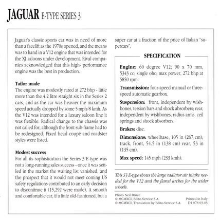 Collectors Club card. Classic Cars. Jaguar E-Type Series 3
