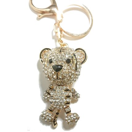 Large Tiger King Cat Keyring Silver Crystal Diamante Bag Charm Key Ring Gold