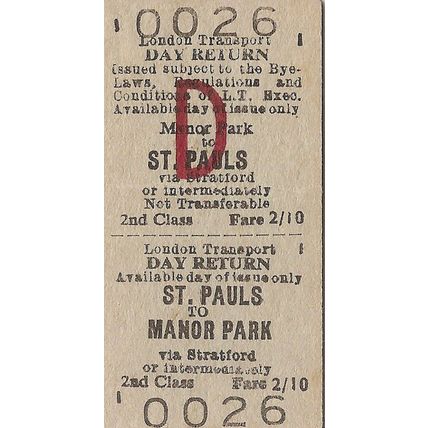 London Transport Edmondson Ticket - Manor Park to St. Pauls via Stratford