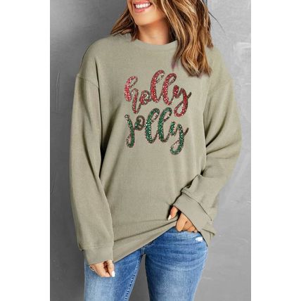 Green Sequined holly jolly Graphic Corded Sweatshirt