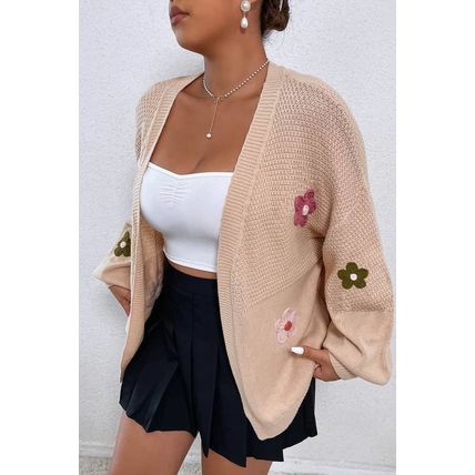 Smoke Gray Floral Applique Drop Shoulder Bubble Sleeve Cardigan