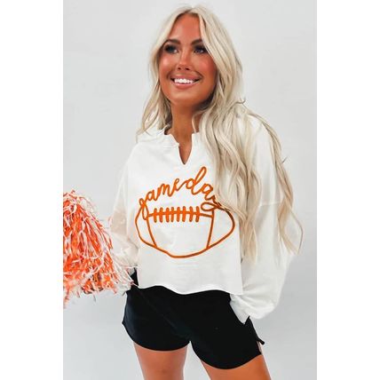 Bright White Game Day Lettering Rugby Notched Neck Sweatshirt