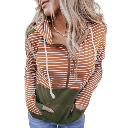 Orange Striped Color Block Patchwork Thumbhole Sleeve Hoodie
