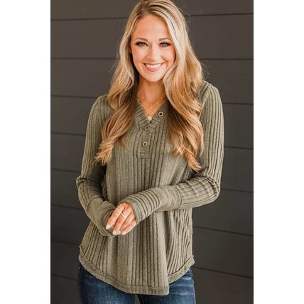 Jungle Green V Neck Buttoned Ribbed Knit Top