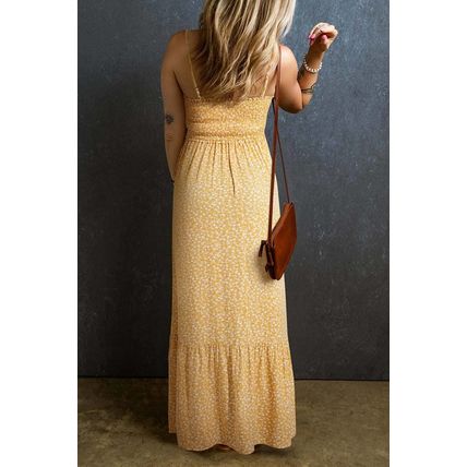Yellow Frilly Smocked High Waist Floral Maxi Dress