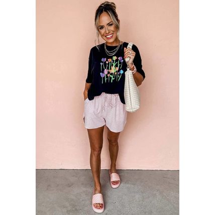 Black Floral Print Crewneck T Shirt