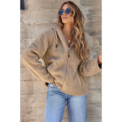 Pale Khaki Fleece Zip Up Drawstring Hooded Pocketed Jacket
