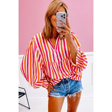 Orange Stripe Balloon Sleeve Notched V Neck Buttoned Front Blouse