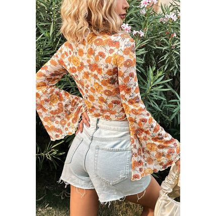 Orange Floral Printed Bell Sleeve Mock Neck Scallop Trim Blouse