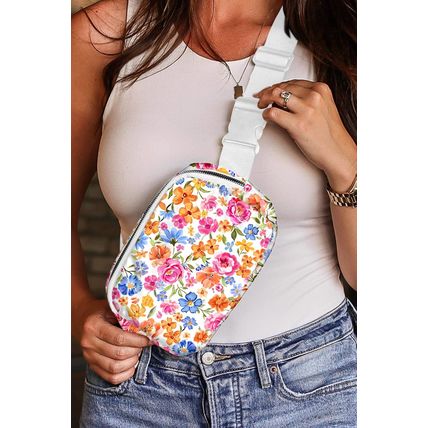 White Flower Print Buckle Wide Strap Crossbody Bag
