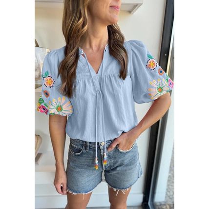 Beau Blue Floral Embroidered Puff Sleeve Split Neck Blouse
