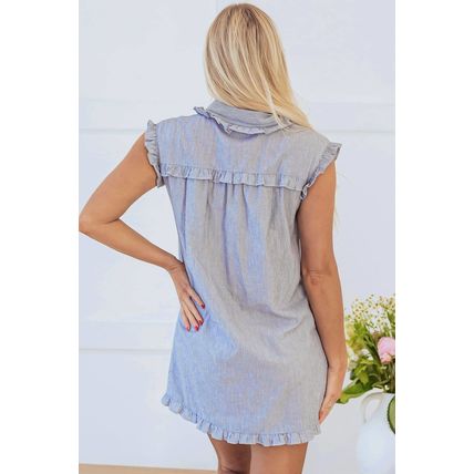 Blue Stripe Frilled Sleeveless Collar Front Pocket Button Up Mini Dress