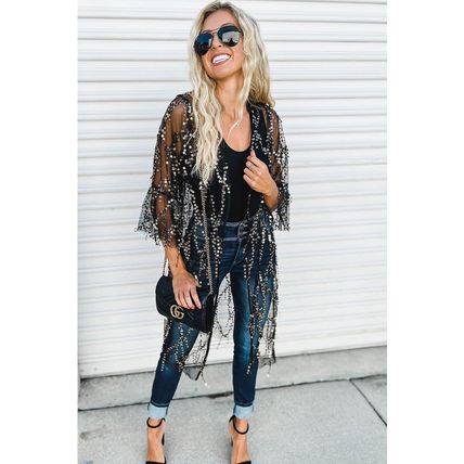 Black Sequin Sheer Long Sleeve Open Front Kimono