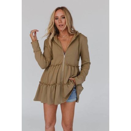 Khaki Tiered Ruffled Zip-Up Drawstring Hooded Jacket