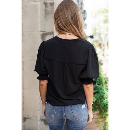 Black Solid Color Half Sleeve V Neck Blouse
