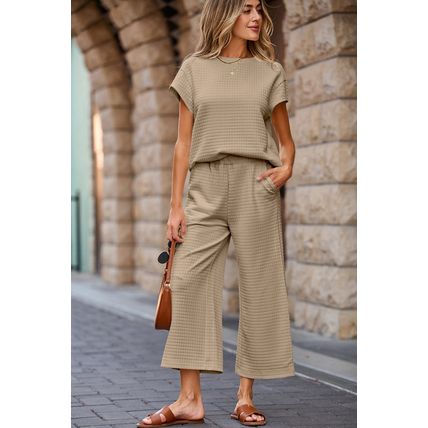 Parchment Solid Color Textured Short Sleeve Top and Casual Pants Set