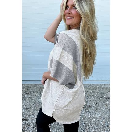 Light Grey Two Tone Contrast Waffle Knit Patched Buttoned V Neck Top