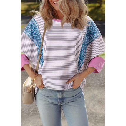 Purple Stripe Floral Color Block Raw Edge Patchwork Bracelet Sleeve Blouse