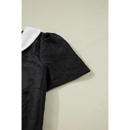 Black Floral Embossed Puff Sleeve Colorblock Bow Collared Mini Dress