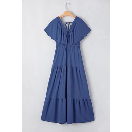Navy Blue Textured V Neck Flutter Sleeve Ruffled Maxi Dress