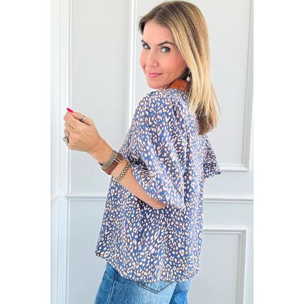 Ashleigh Blue Leopard Print Spot Contrast V Neck Half Puff Sleeve Shirt