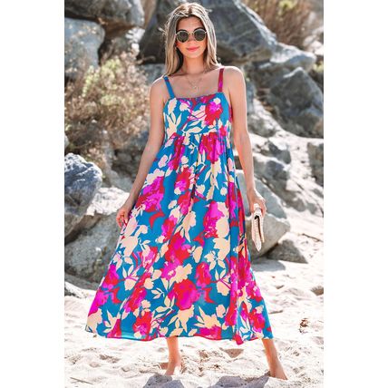 Dark Blue Floral High Waist Sleeveless Flared Long Dress
