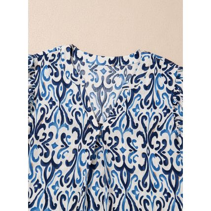 Sky Blue Boho Abstract Print Pintuck Detail Ruffled Top